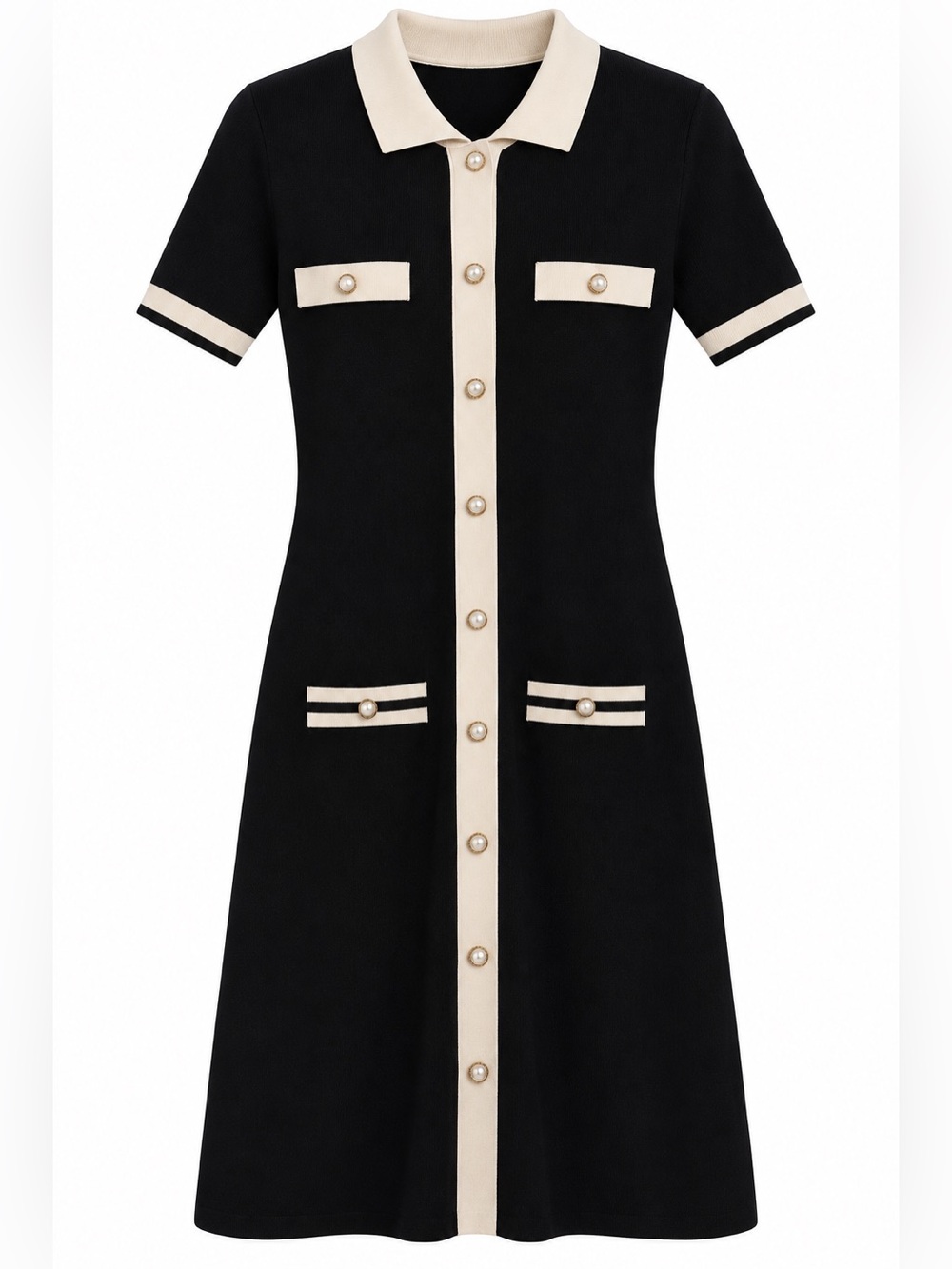 CIDER Black & Ivory Contrast Trim Pearl Button Knit Dress L